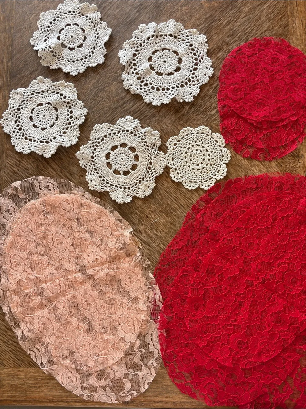 Vintage Red and Cream Lace Doilies and Placemats
